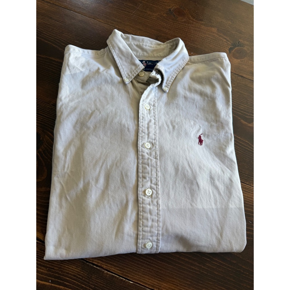 VTG Polo Ralph Lauren Mens Large Khaki Tan Cotton Button Down Shirt Long Sleeve